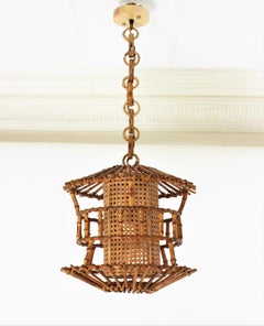 Französische modernistische Bambus-Rattan-Anhänger/Laterne mit Chinoiserie-Akzenten