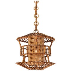 French Modernist Bamboo Rattan Pendant / Lantern with Chinoiserie Accents