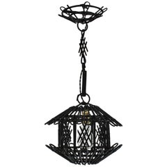 French Modernist Black Painted Rattan Pendant / Lantern with Chinoiserie Accents