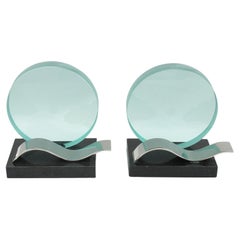 French Modernist Bookends Black Granite and Etched Glass Slab