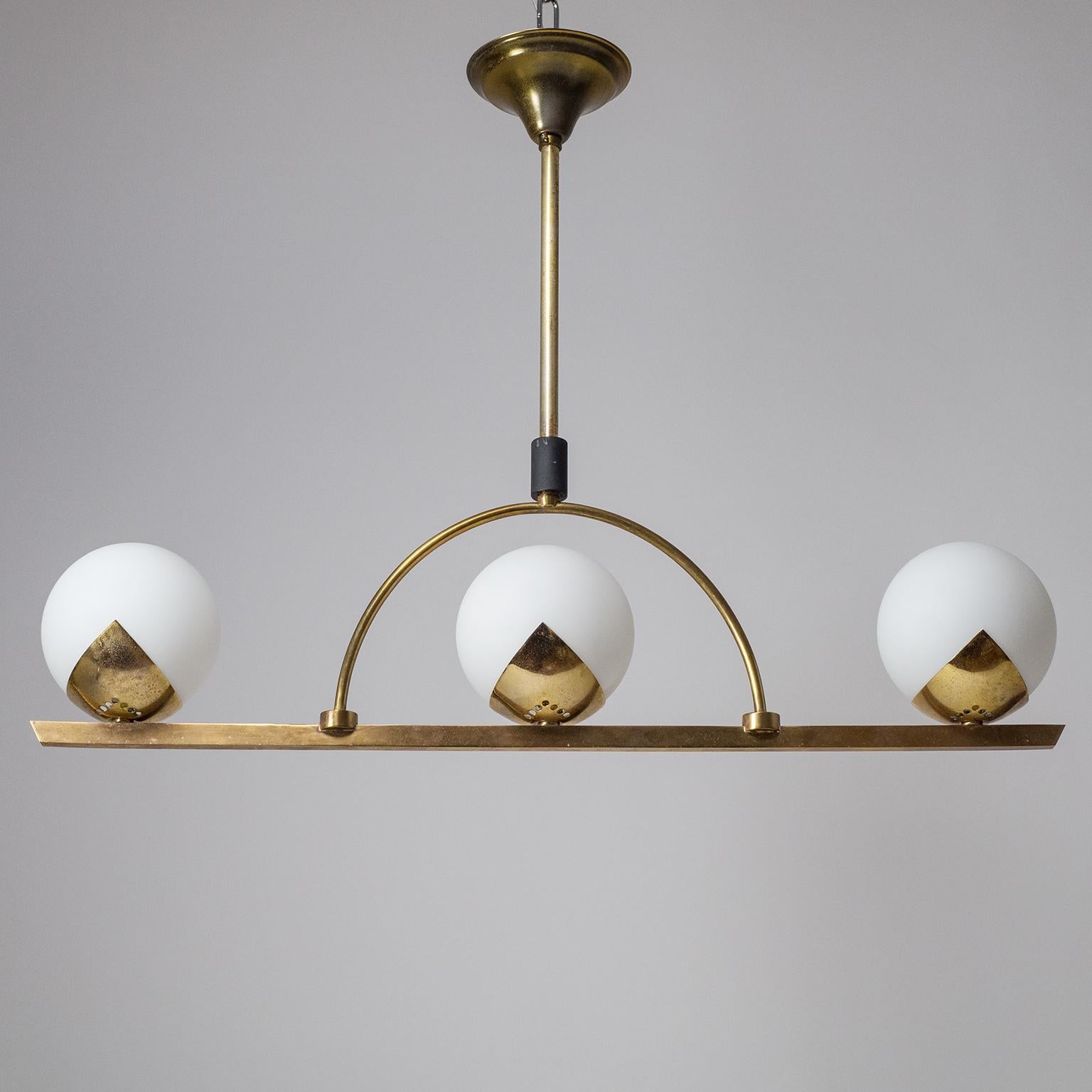 French Modernist Brass and Satin Glass Chandelier, 1950s 4