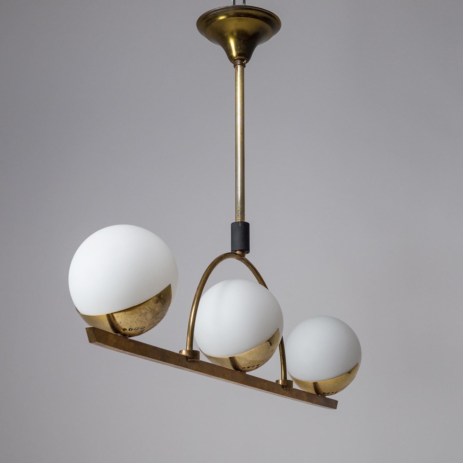 French Modernist Brass and Satin Glass Chandelier, 1950s 5