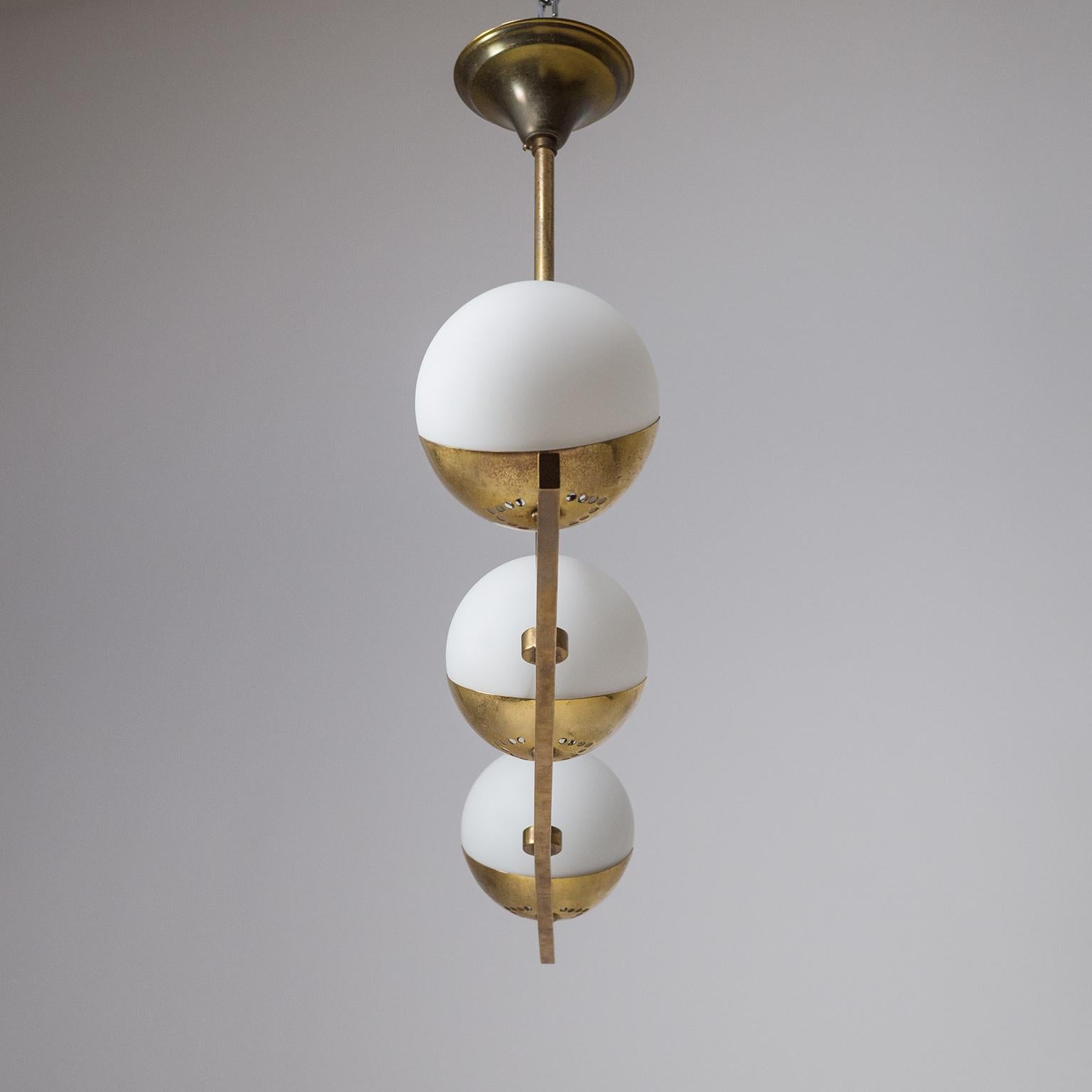 French Modernist Brass and Satin Glass Chandelier, 1950s 6