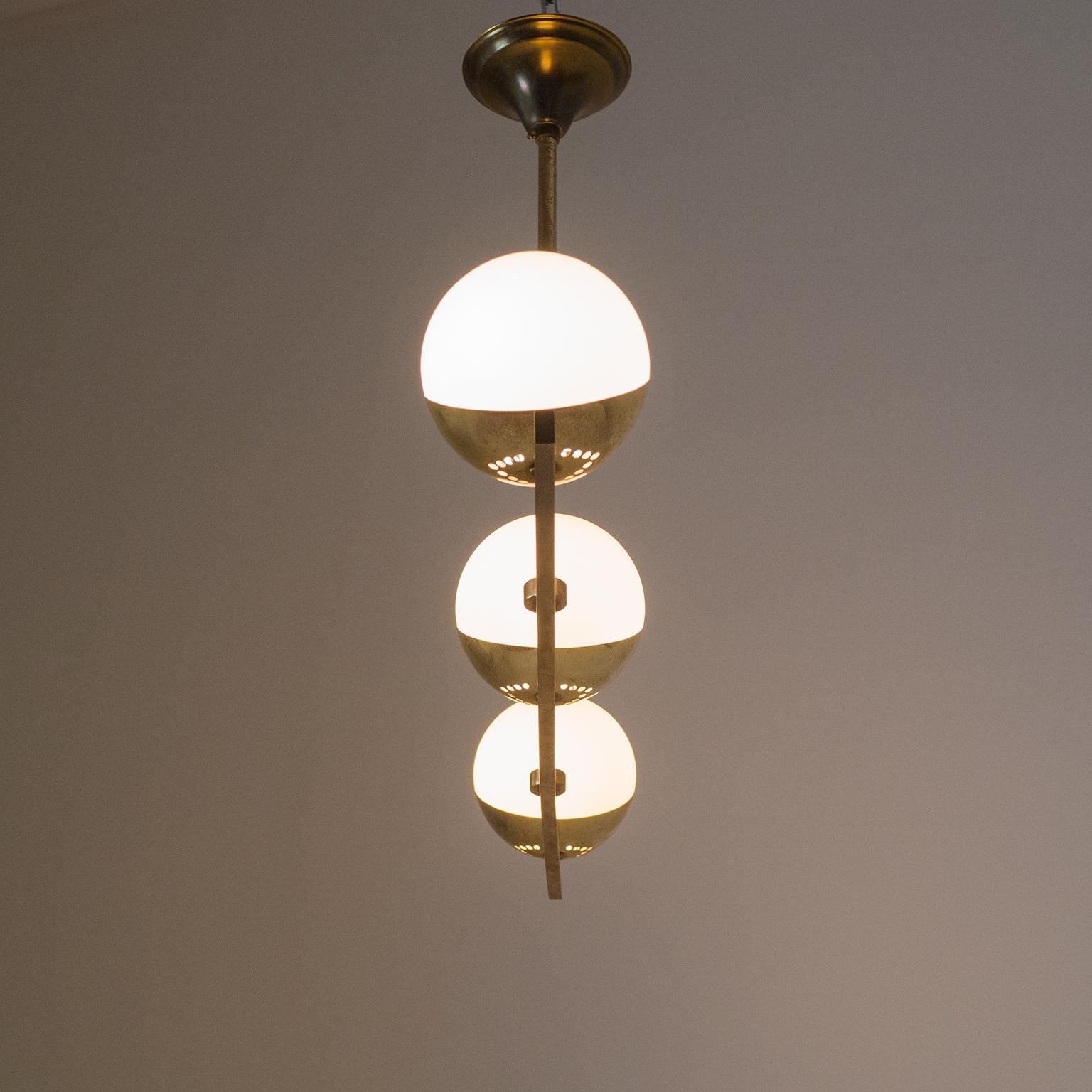 French Modernist Brass and Satin Glass Chandelier, 1950s 7