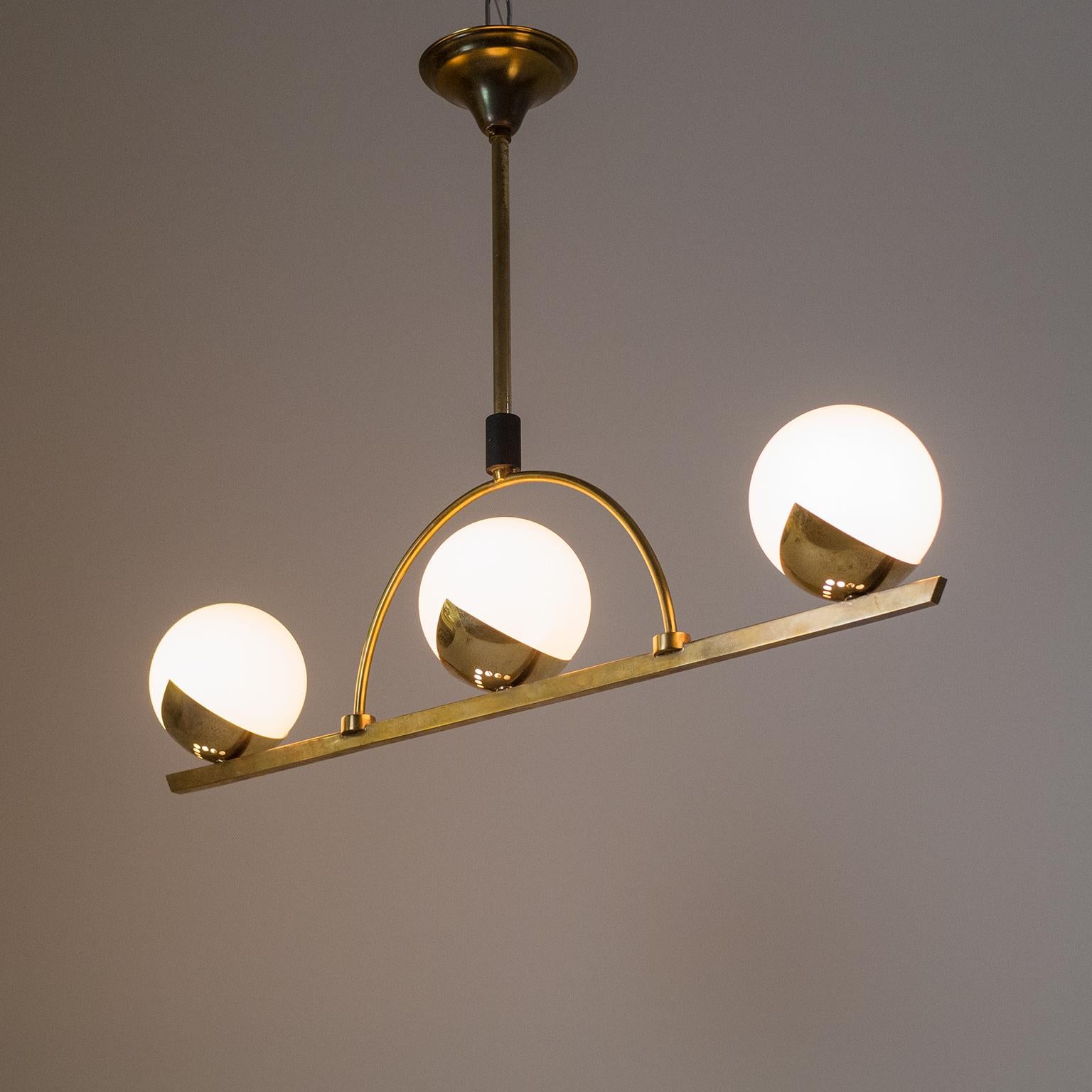 French Modernist Brass and Satin Glass Chandelier, 1950s 8