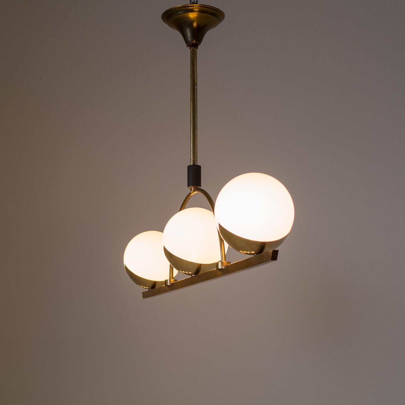 French Modernist Brass and Satin Glass Chandelier, 1950s 9