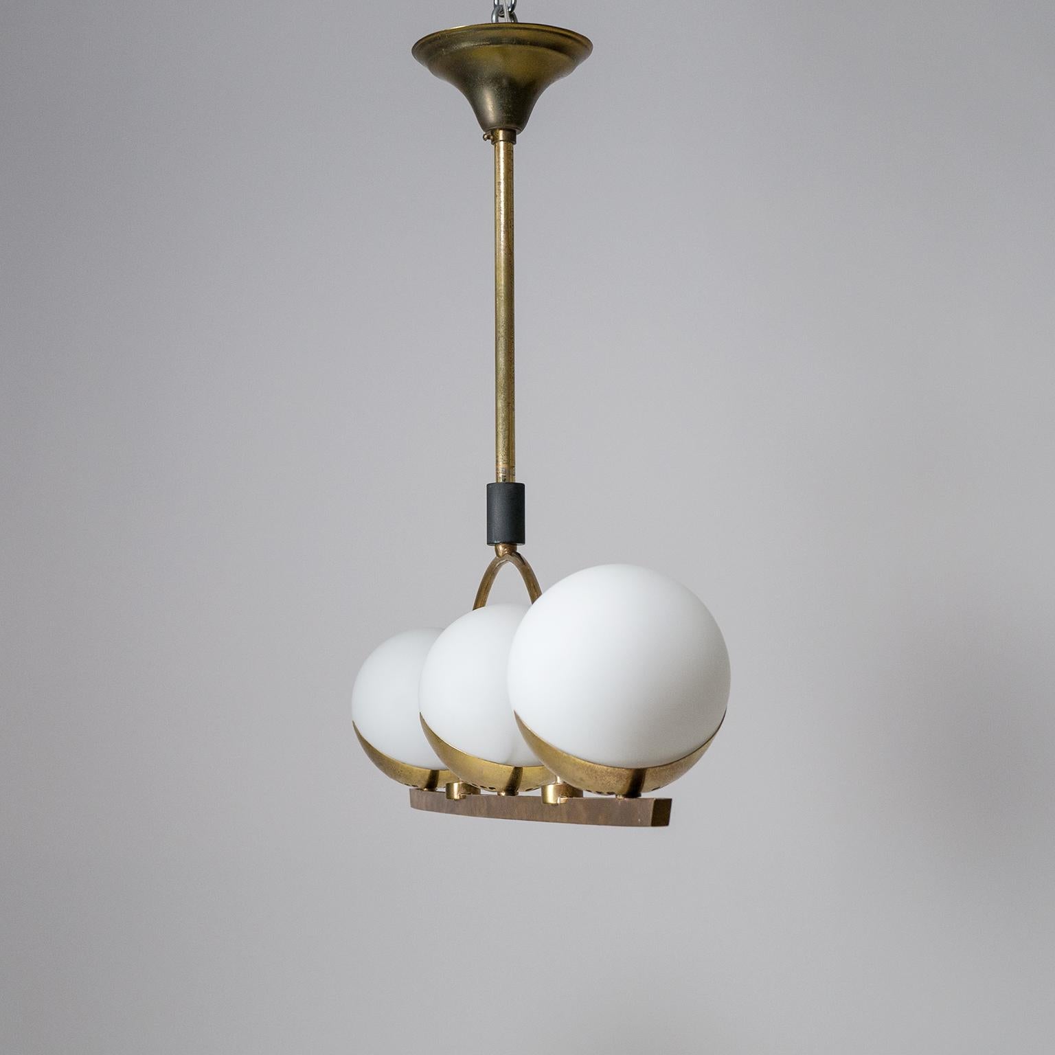 French Modernist Brass and Satin Glass Chandelier, 1950s 10