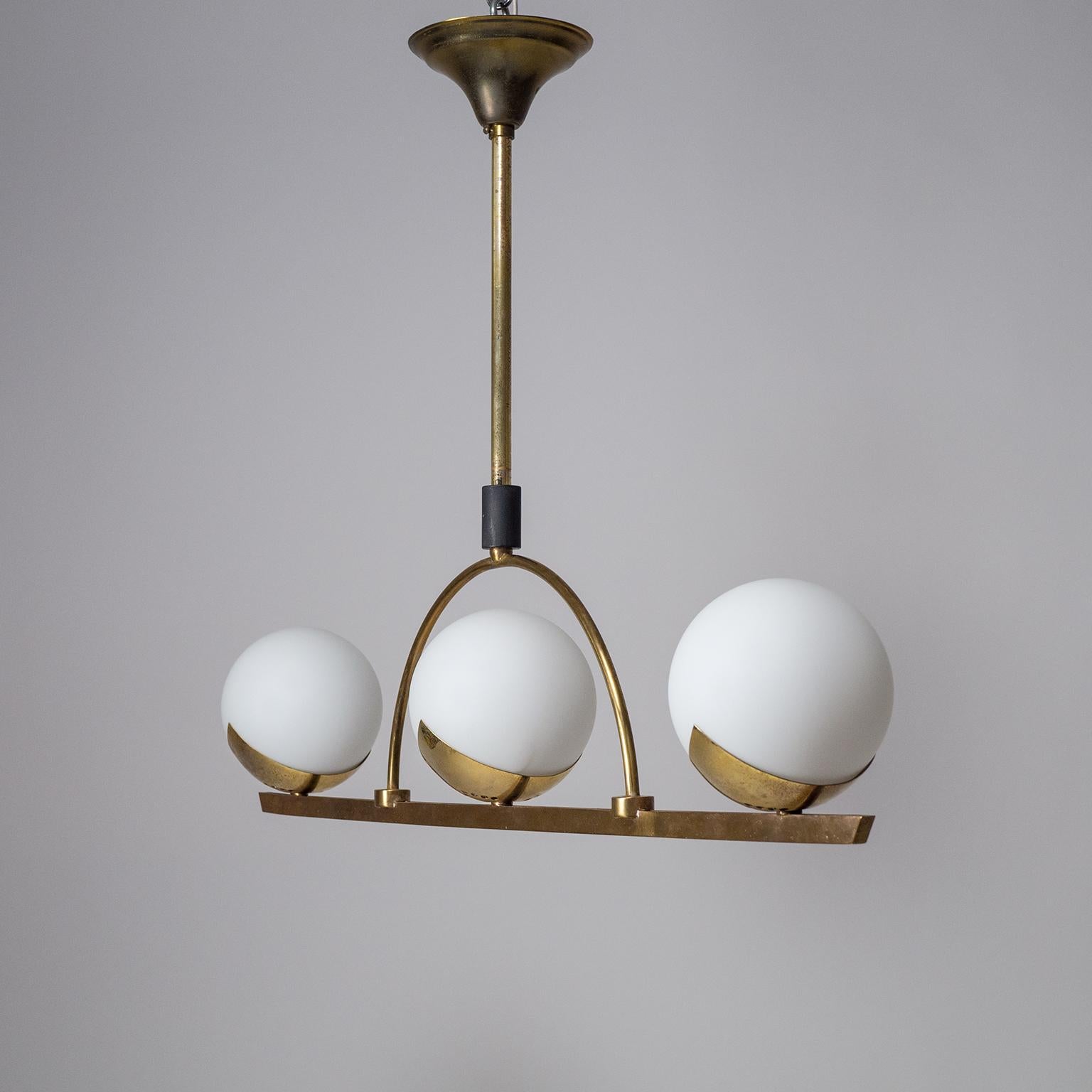French Modernist Brass and Satin Glass Chandelier, 1950s 11