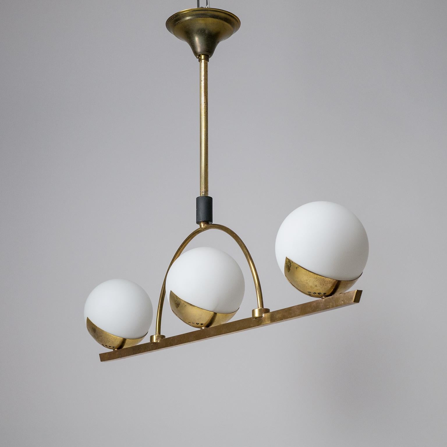 French Modernist Brass and Satin Glass Chandelier, 1950s 12
