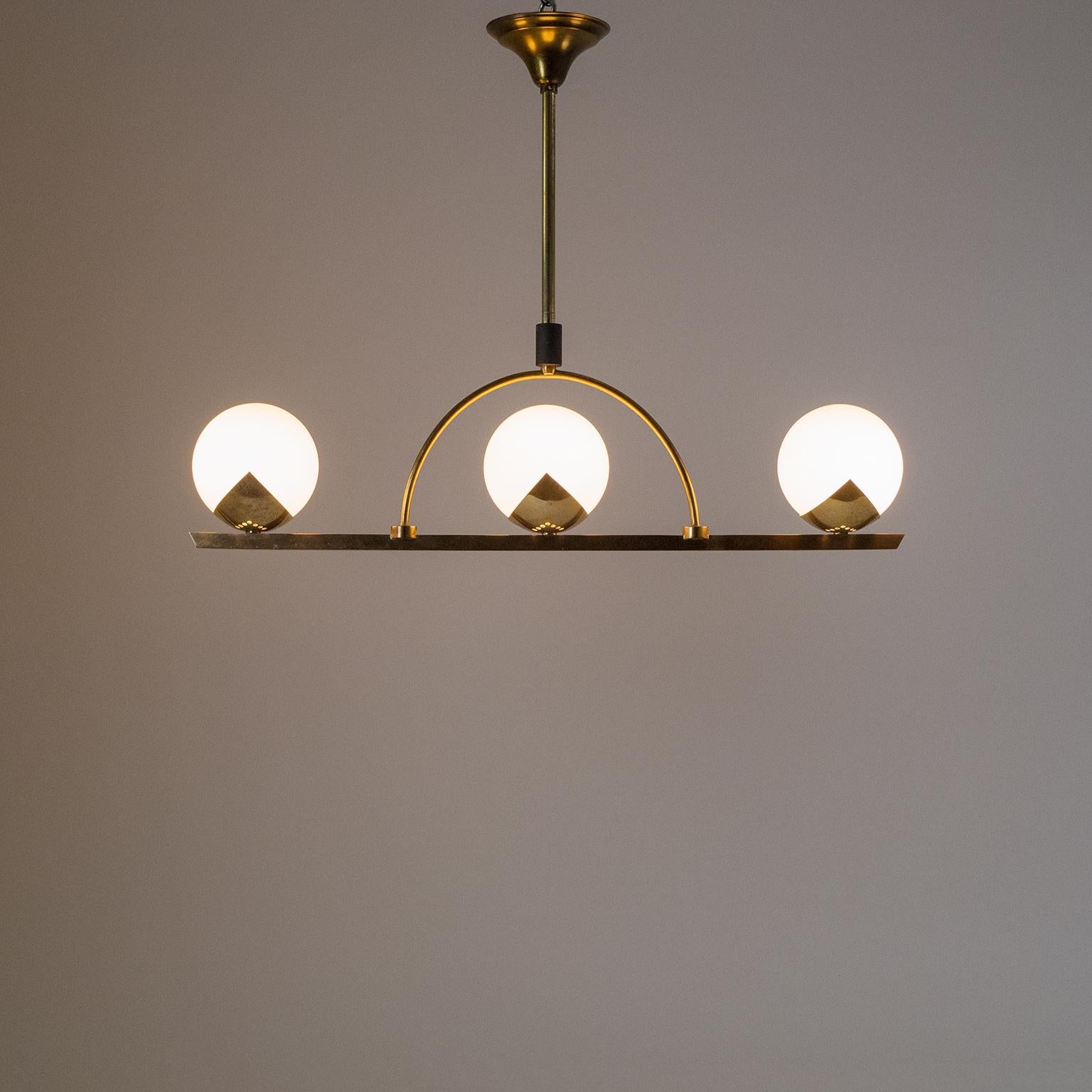 French Modernist Brass and Satin Glass Chandelier, 1950s 14
