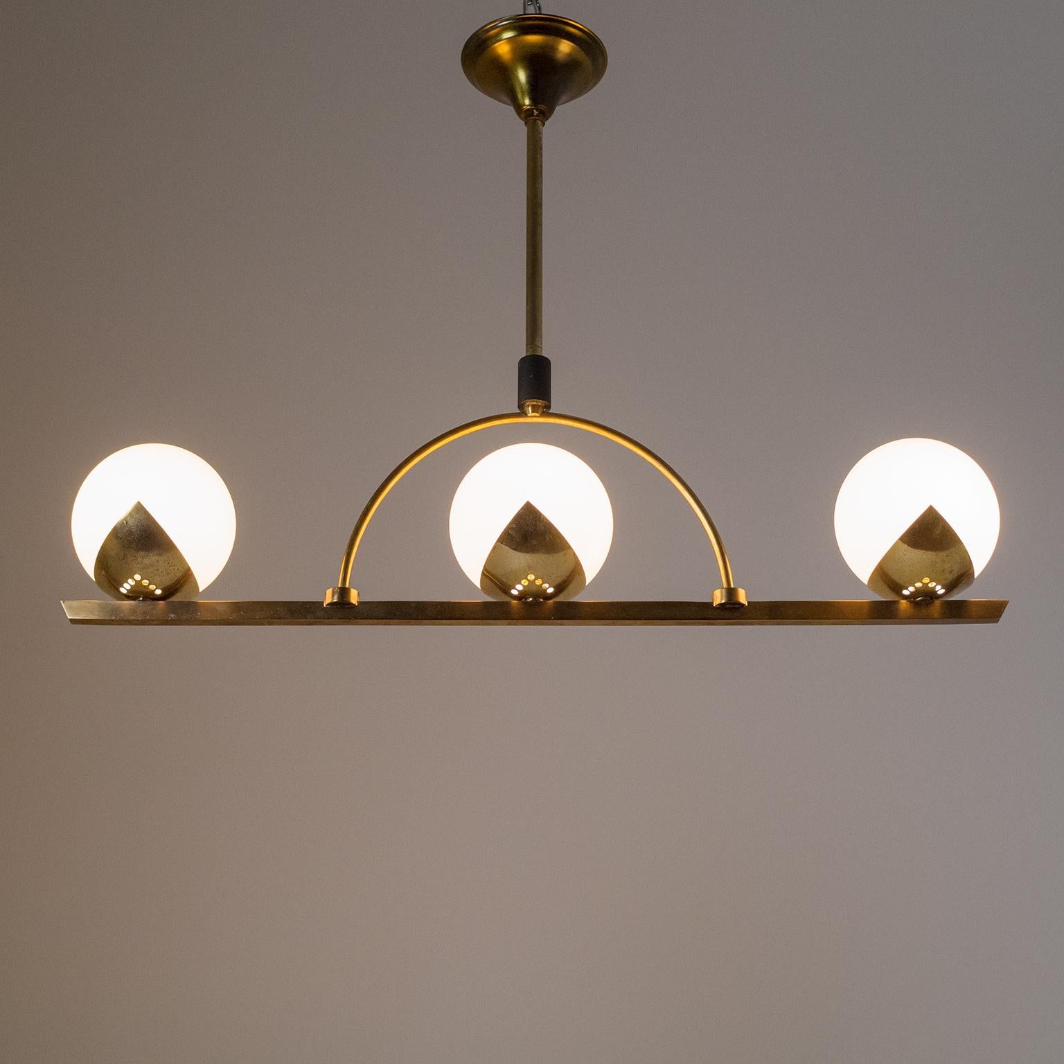 Frosted French Modernist Brass and Satin Glass Chandelier, 1950s