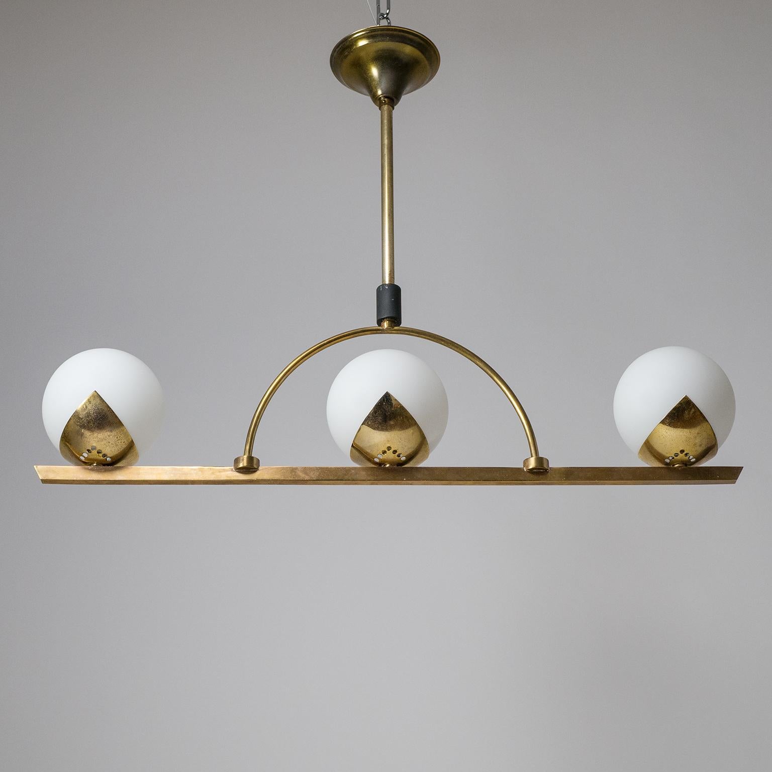 French Modernist Brass and Satin Glass Chandelier, 1950s In Good Condition In Vienna, AT