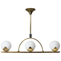 French Modernist Brass and Satin Glass Chandelier, 1950s