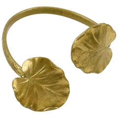 Vintage French Modernist Brass Cuff Bracelet Water Lily Pattern