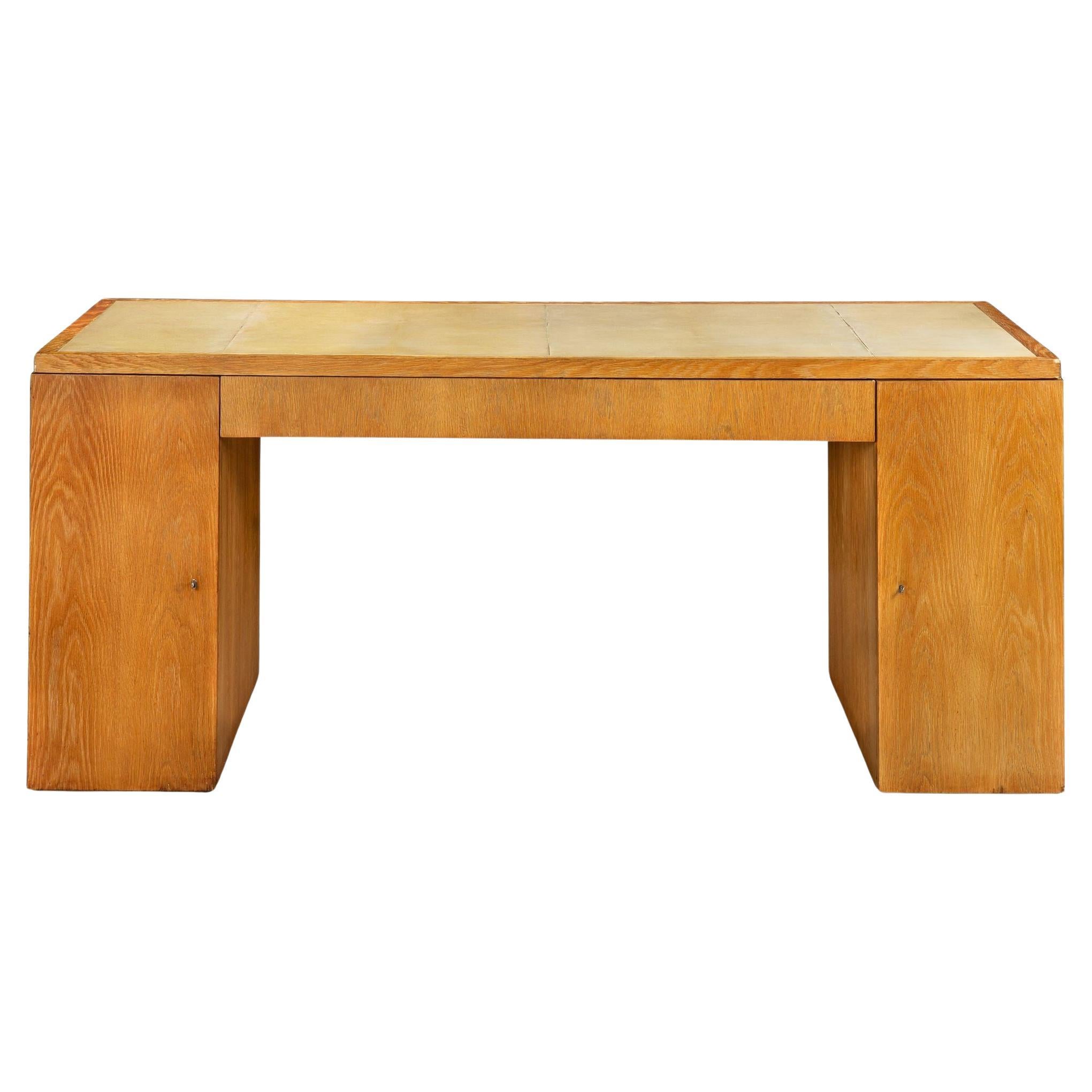 French Modernist Cerused Oak and Lacquered Skin Pedestal Desk ca. 1950s For Sale