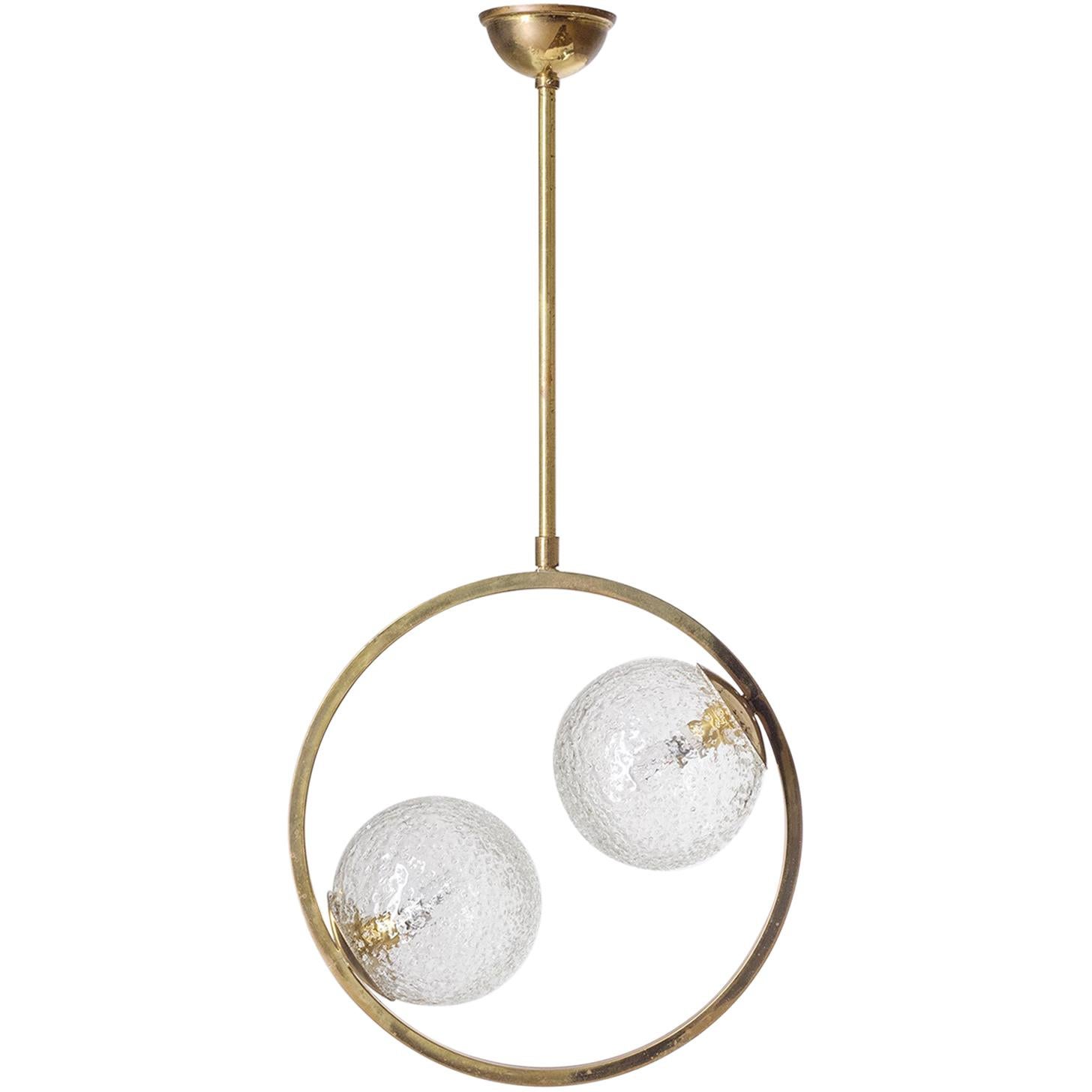 French Modernist Ceiling Light, circa 1960, Brass and Glass For Sale