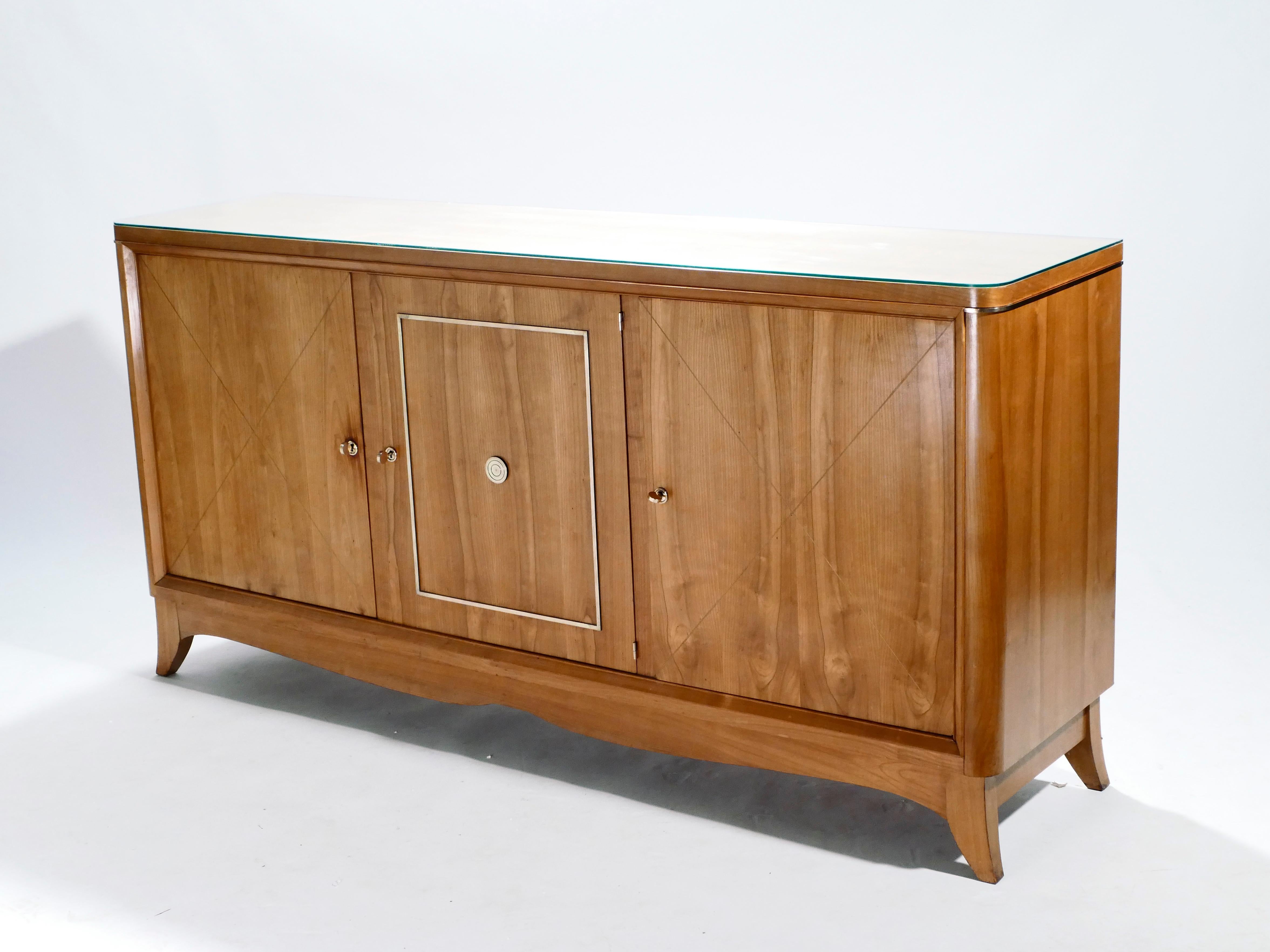 French Modernist Cherrywood Brass Sideboard, 1950s In Excellent Condition In Paris, IDF
