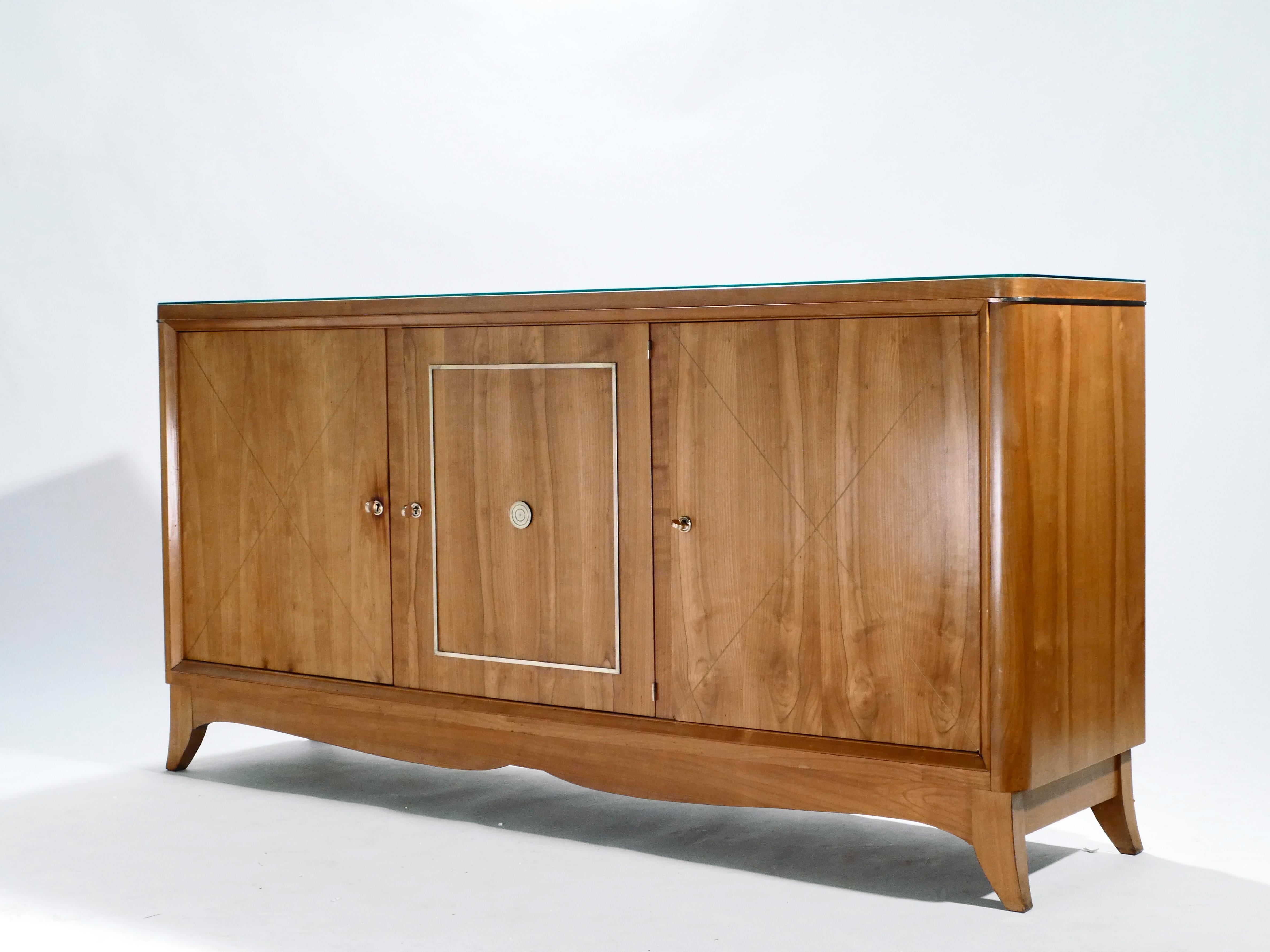 Mid-20th Century French Modernist Cherrywood Brass Sideboard, 1950s