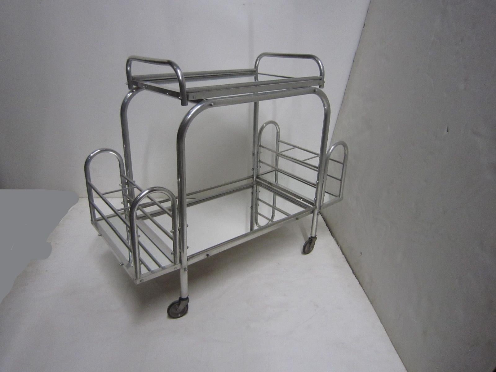 Art Deco French Modernist Chrome Bar Cart with Removable Tray by Jacques Adnet