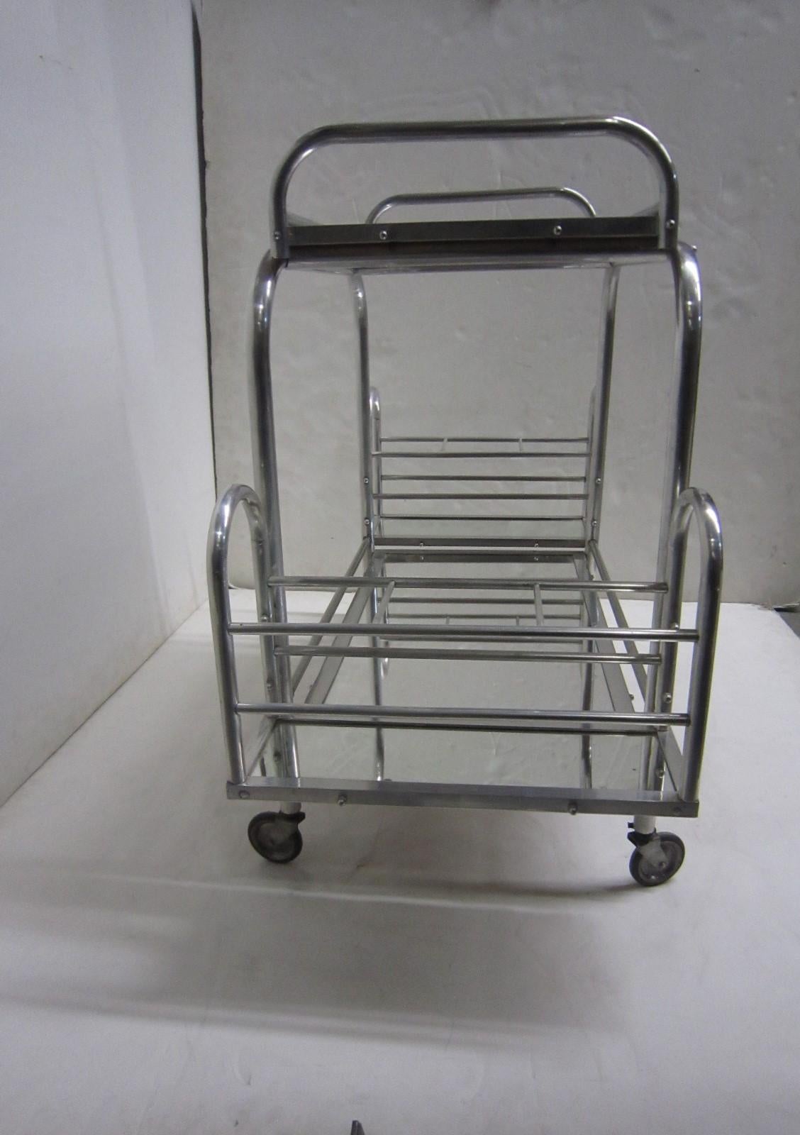 French Modernist Chrome Bar Cart with Removable Tray by Jacques Adnet 1
