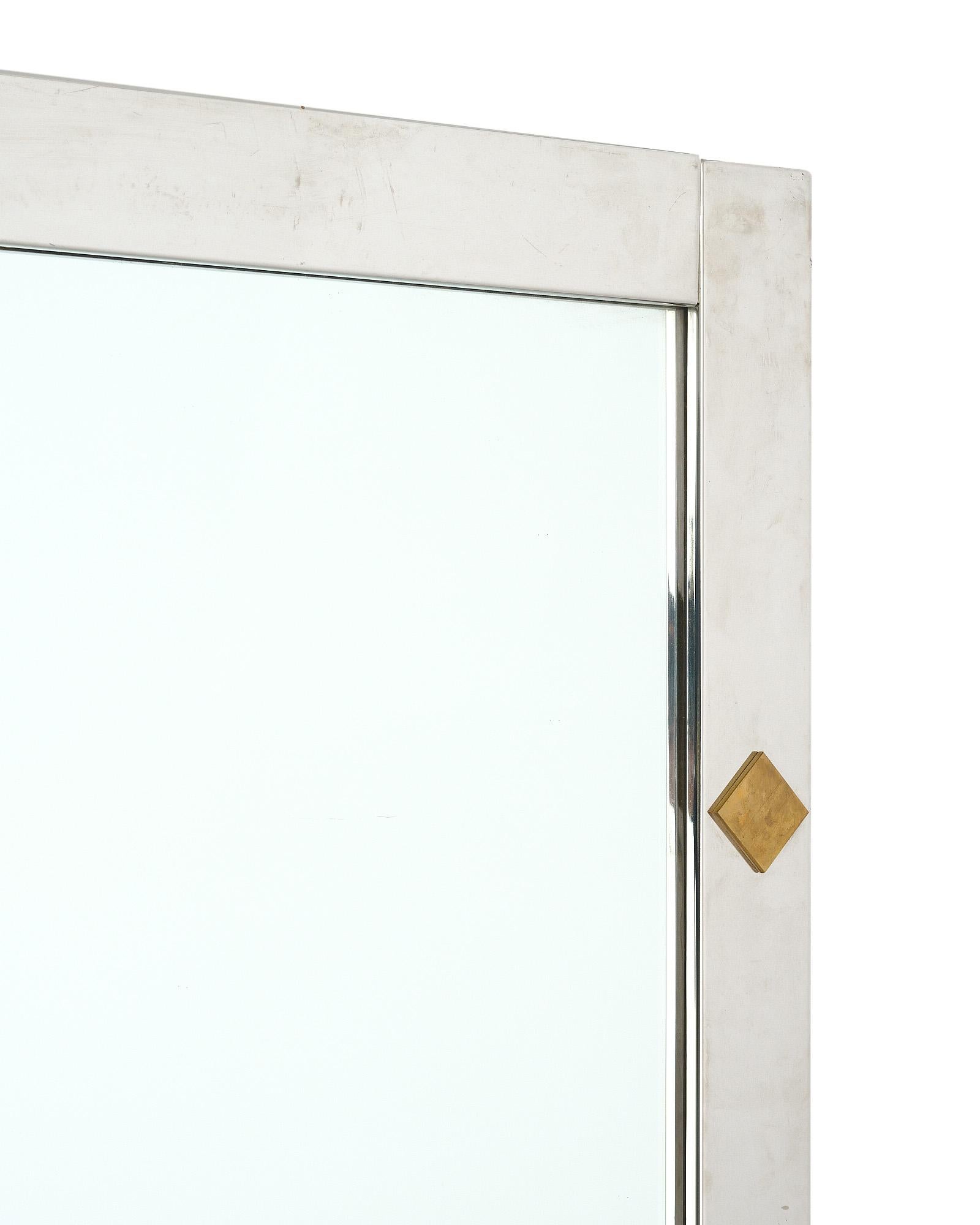 Brass French Modernist Chrome Mirror For Sale