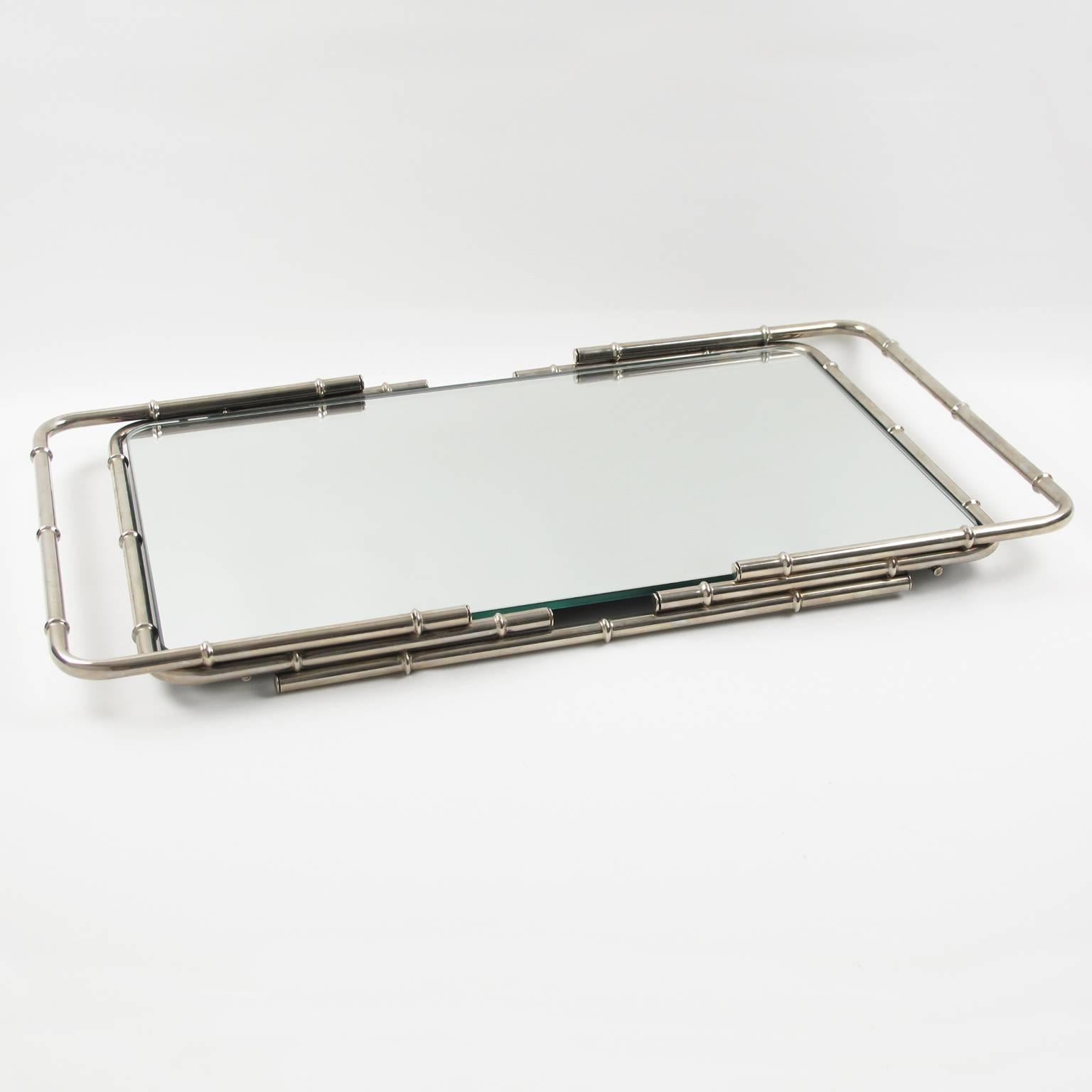 Mid-Century Modern French Modernist Chrome Serving Bar Cocktail Mirror Tray Bamboo Design