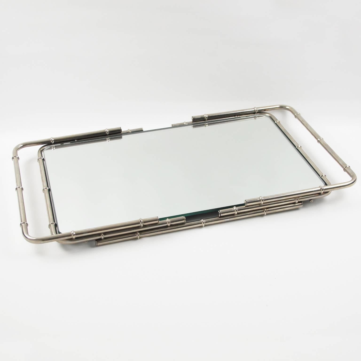 French Modernist Chrome Serving Bar Cocktail Mirror Tray Bamboo Design In Excellent Condition In Atlanta, GA