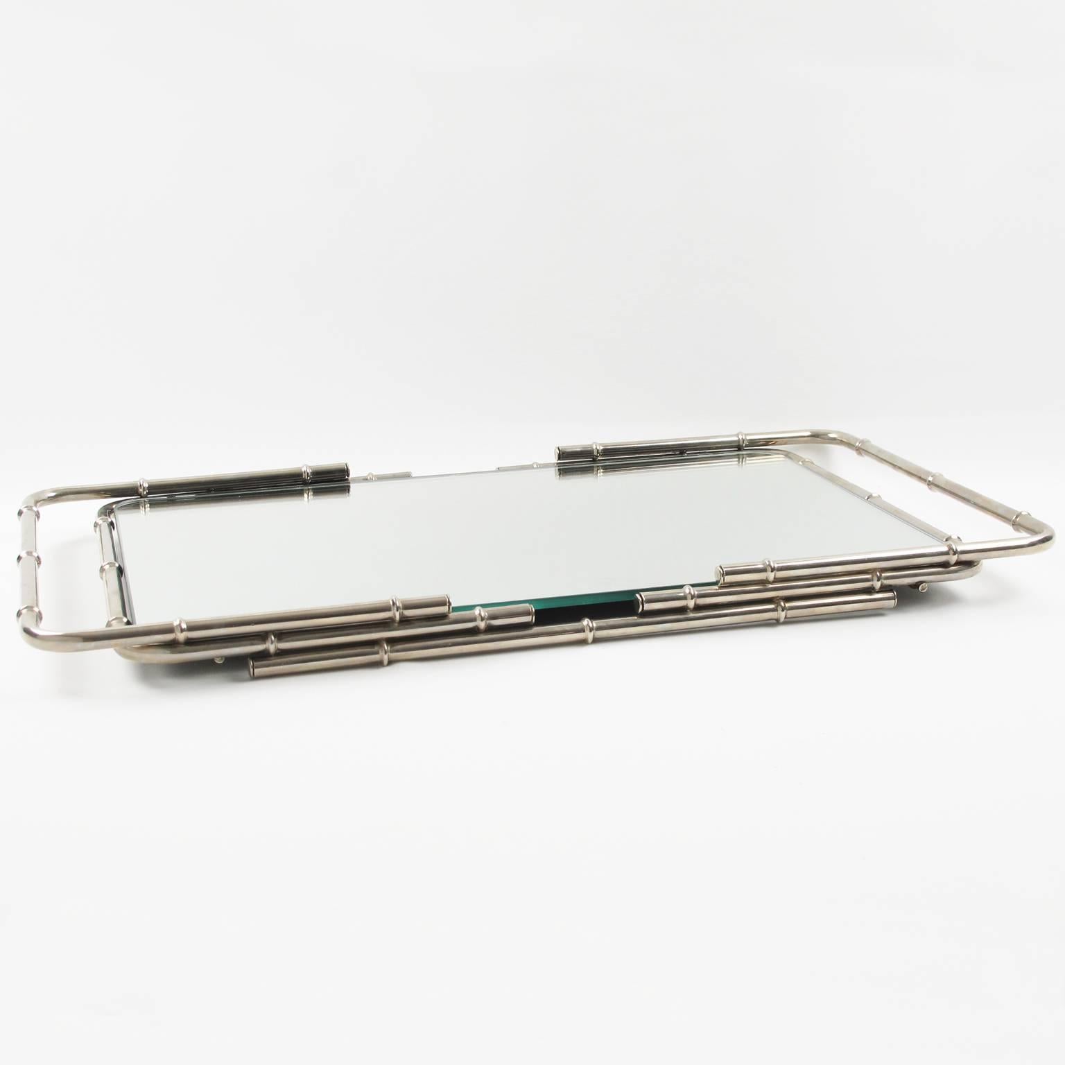 20th Century French Modernist Chrome Serving Bar Cocktail Mirror Tray Bamboo Design