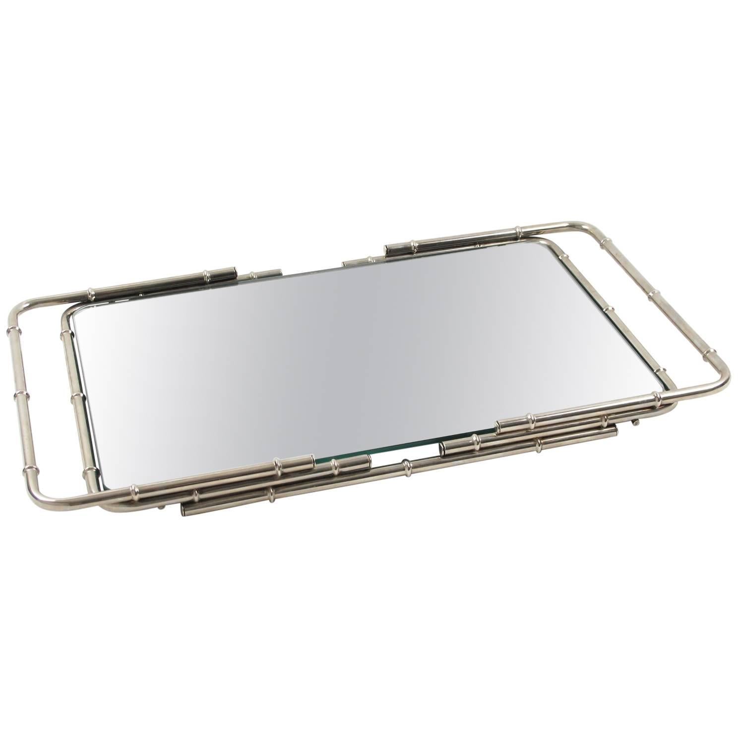French Modernist Chrome Serving Bar Cocktail Mirror Tray Bamboo Design