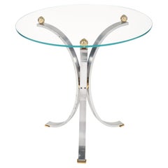 French Modernist Chrome Side Table, Brass Feet, Glass Top, 1970