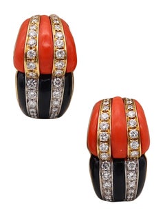 FRENCH Modernist Clips-On Earrings In 18Kt Gold With Diamonds Coral & Onyxes