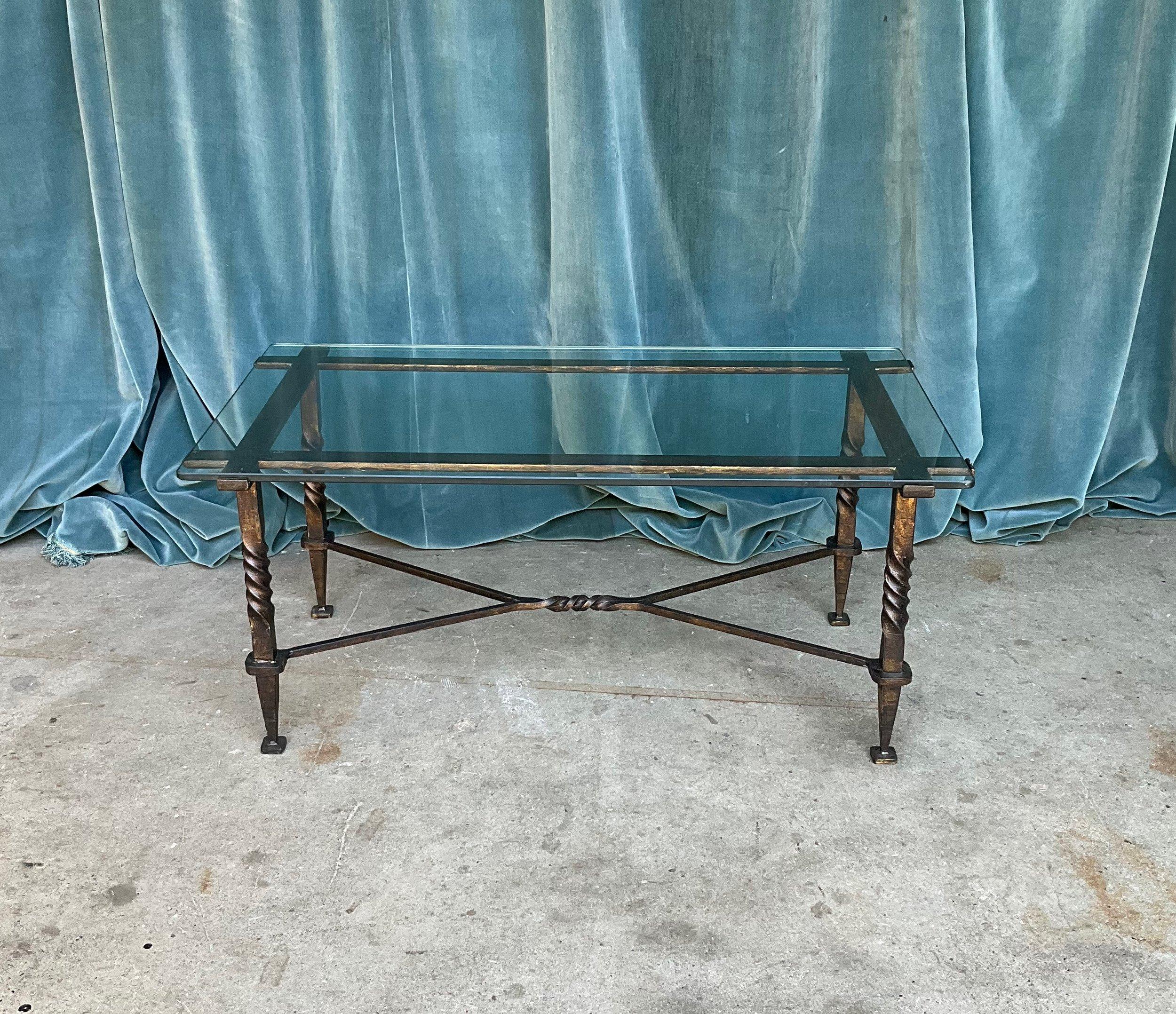 Mid-20th Century French Modernist Coffee Table with Twisted Iron Base For Sale