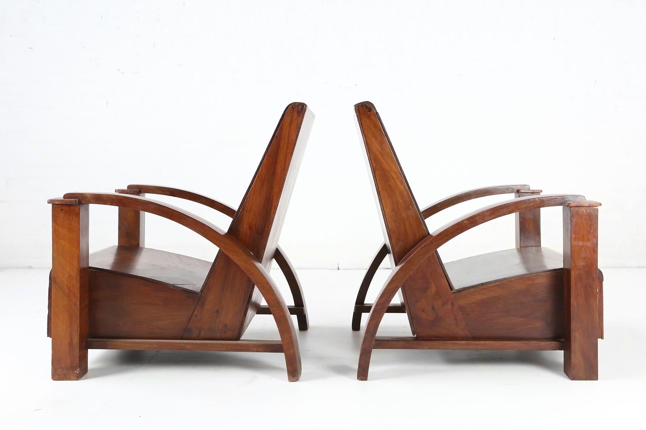 Art Deco French Modernist Colonial Lounge Chairs in Mahogany, circa 1940s
