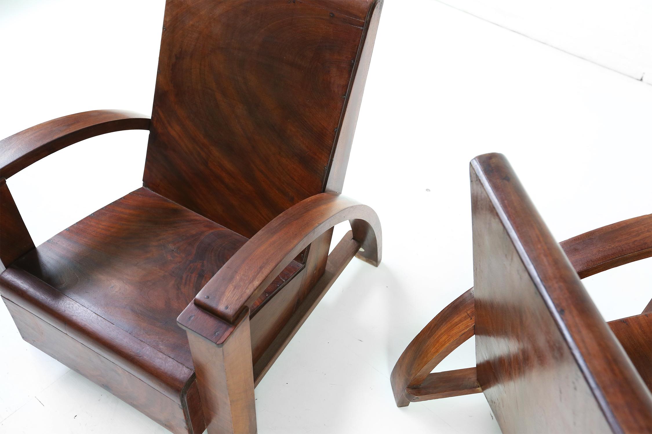 French Modernist Colonial Lounge Chairs in Mahogany, circa 1940s 2