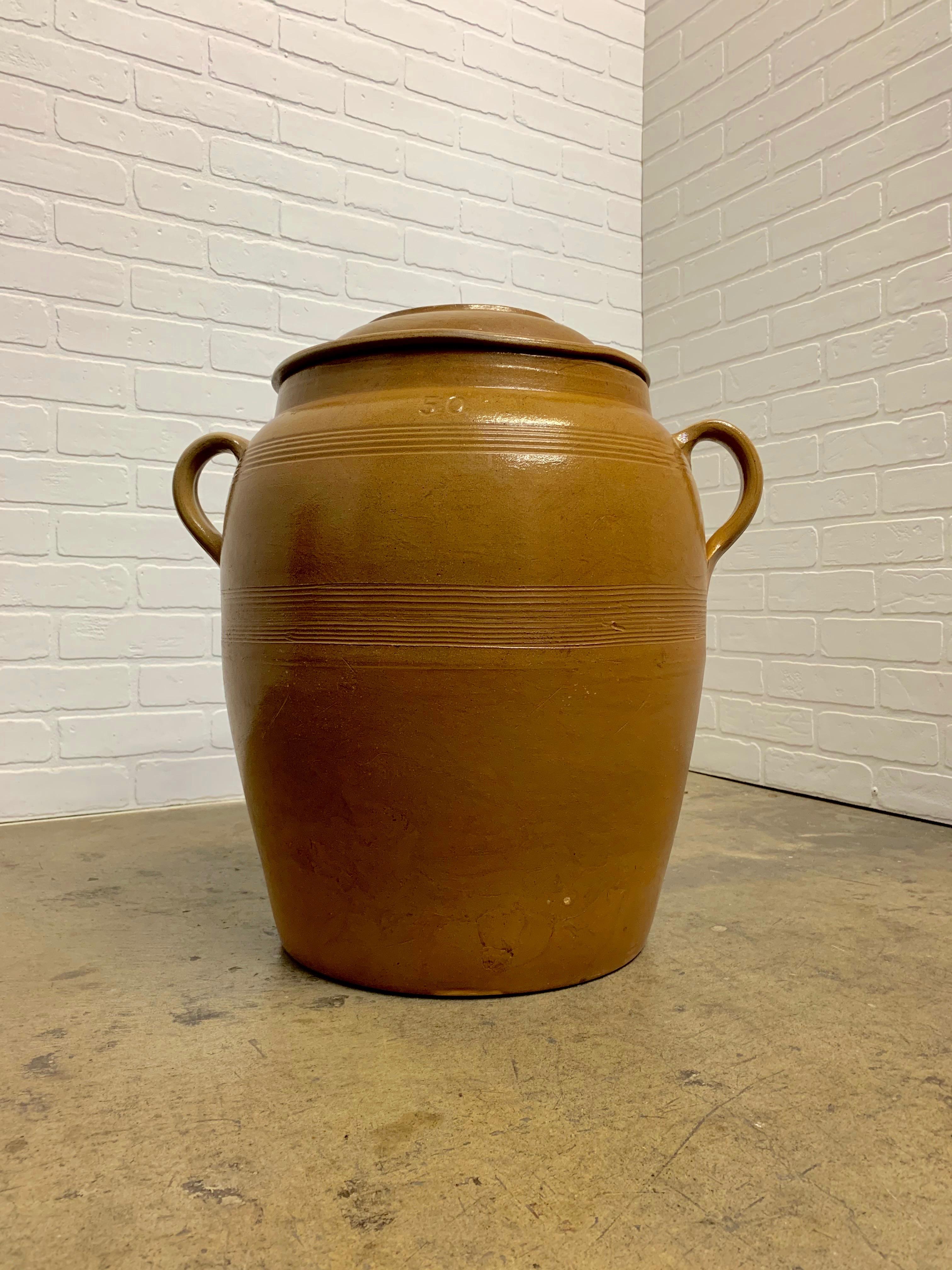 French Deco glazed terra cotta ceramic butter jar with handles and Lid. Originally used in a restaurant.