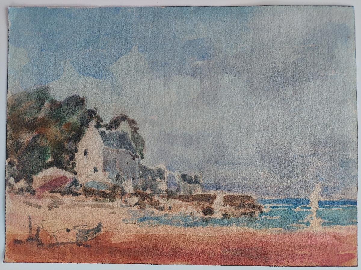 A Summer Day's Sailing
by Maurice Mazeilie (French, 1924-2021)
watercolor painting on artist paper, unframed
unsigned
stamped verso
A summer feel to this sunny image by a small harbour wall in France. Small elements of the artists preparation