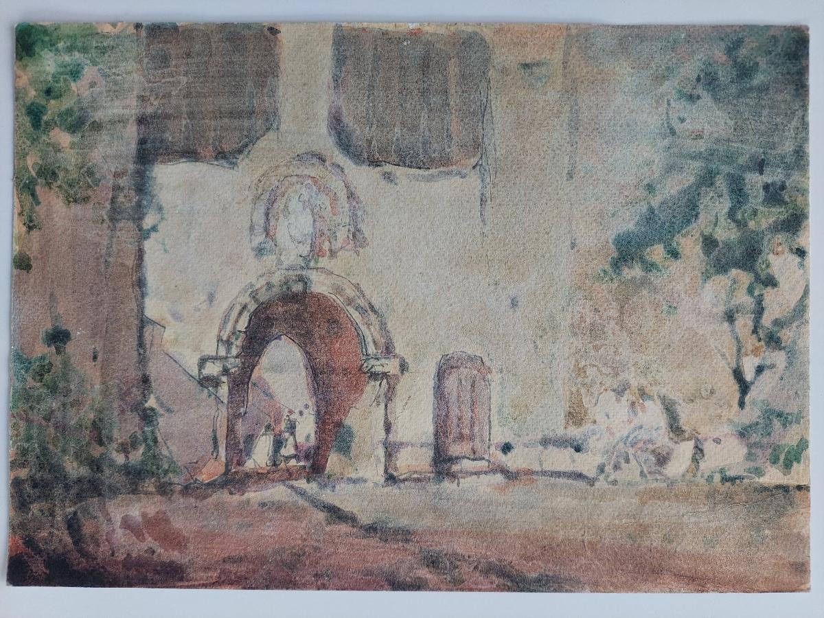 Architectural Study of a Grand Stone Archway
by Maurice Mazeilie (French, 1924-2021)
watercolor painting on artist paper, unframed
unsigned
stamped verso
Beautifully composed work which will frame nicely.

Measures: Painting: 11.5 inches x