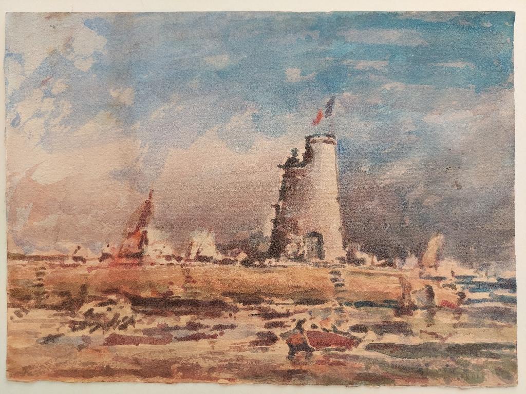 Rocky Coastal Vista
by Maurice Mazeilie (French, 1924-2021)
watercolor painting on artist paper, unframed
unsigned
stamped verso

painting: 10.8 inches x 14.8 inches (due to the uneven nature of the sheet edges this has been measured to