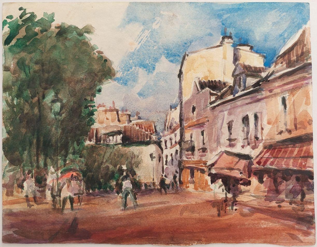 Bustling Paris street scene, Paris.
By Maurice Mazeilie (French, 1924-2021).
Watercolor painting on artist paper, unframed.
unsigned.
Stamped verso.

Measures: painting: 9.8 inches x 12.75 inches.

A delightful original painting by the 20th