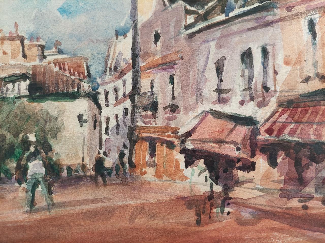 French, Modernist Cubist Painting Bustling Paris Street Scene In Good Condition For Sale In Cirencester, GB