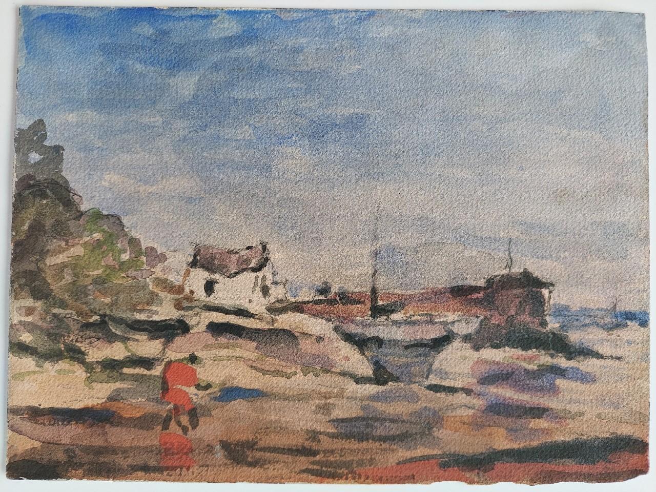 Figure by the Harbour
by Maurice Mazeilie (French, 1924-2021)
watercolor painting on artist paper, unframed
unsigned
stamped verso
The addition of the figure in red is a feature Mazeilie often uses in his work, and this really brings the