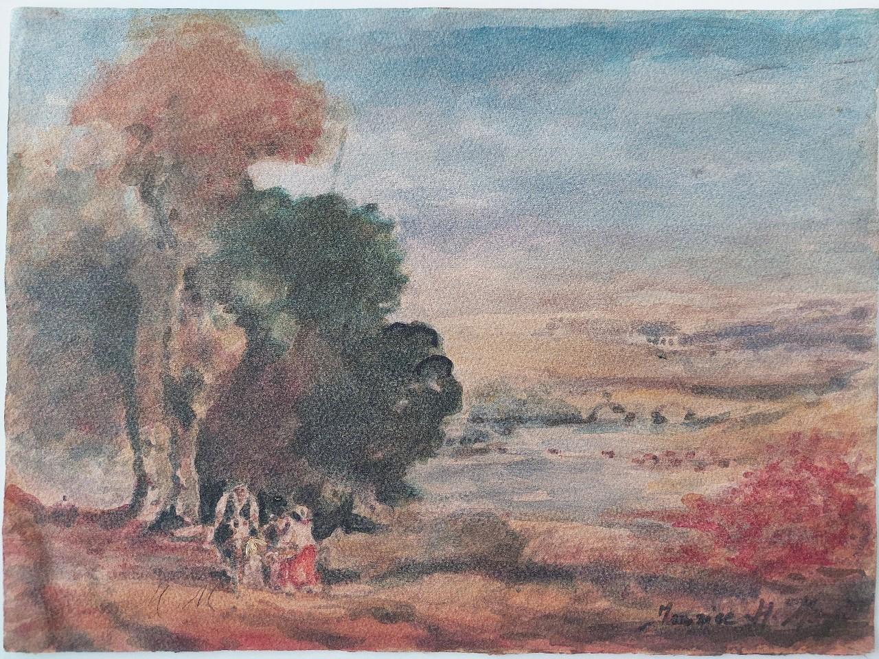 Figures by a Coastal Inlet
by Maurice Mazeilie (French, 1924-2021)
watercolor painting on artist paper, unframed
signed front lower right and initialled lower left
stamped and signed verso

painting: 14.5 inches x 10.5 inches

A delightful