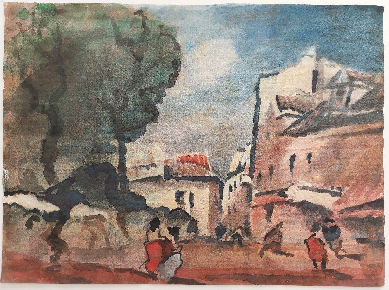 Figures in a Country village street
by Maurice Mazeilie (French, 1924-2021)
watercolor painting on artist paper, unframed
unsigned
stamped verso

painting: 11 inches x 15 inches

A delightful original painting by the 20th century French