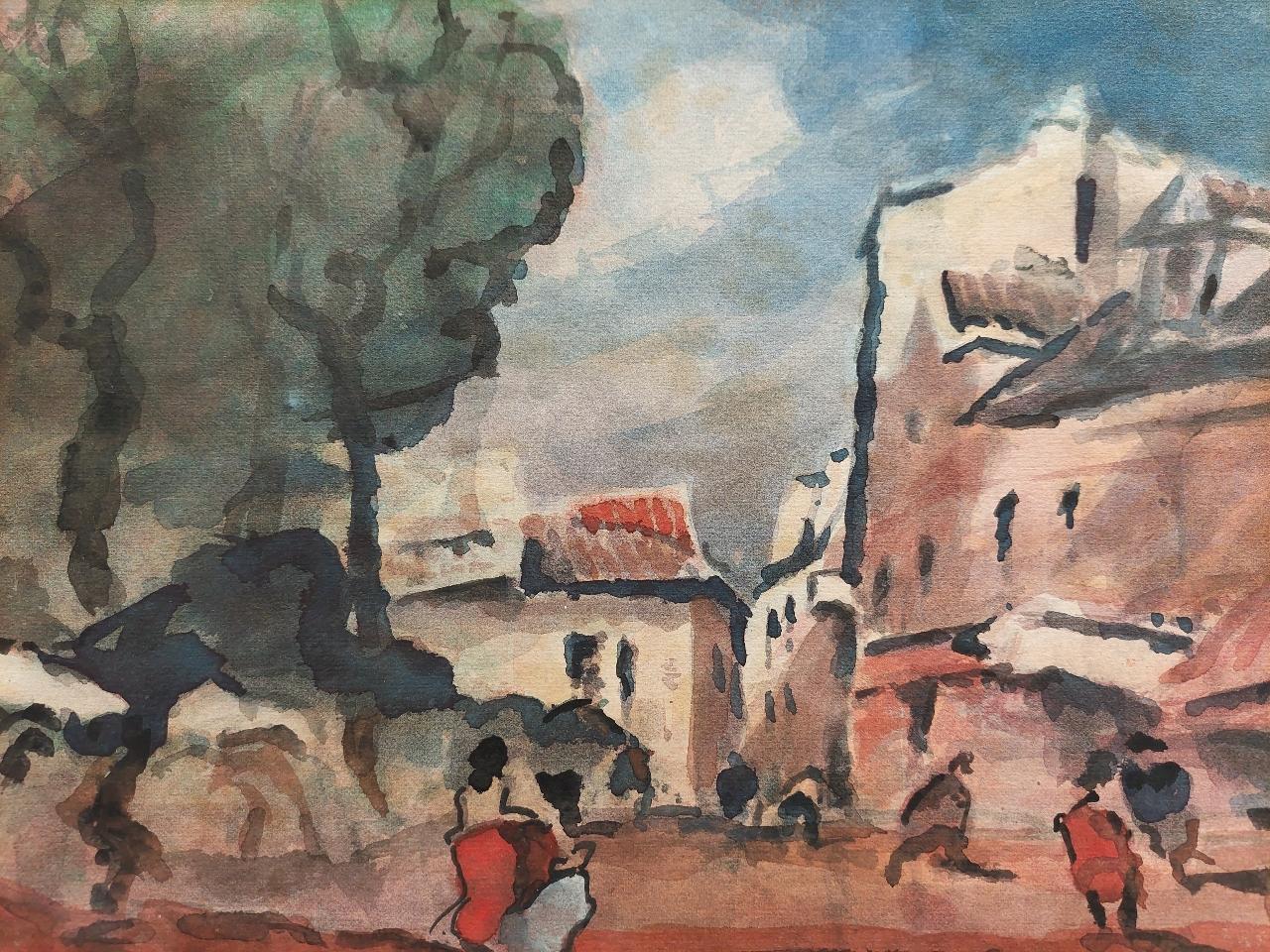 Pintura cubista modernista francesa Figuras en la calle de un pueblo rural Francés en venta