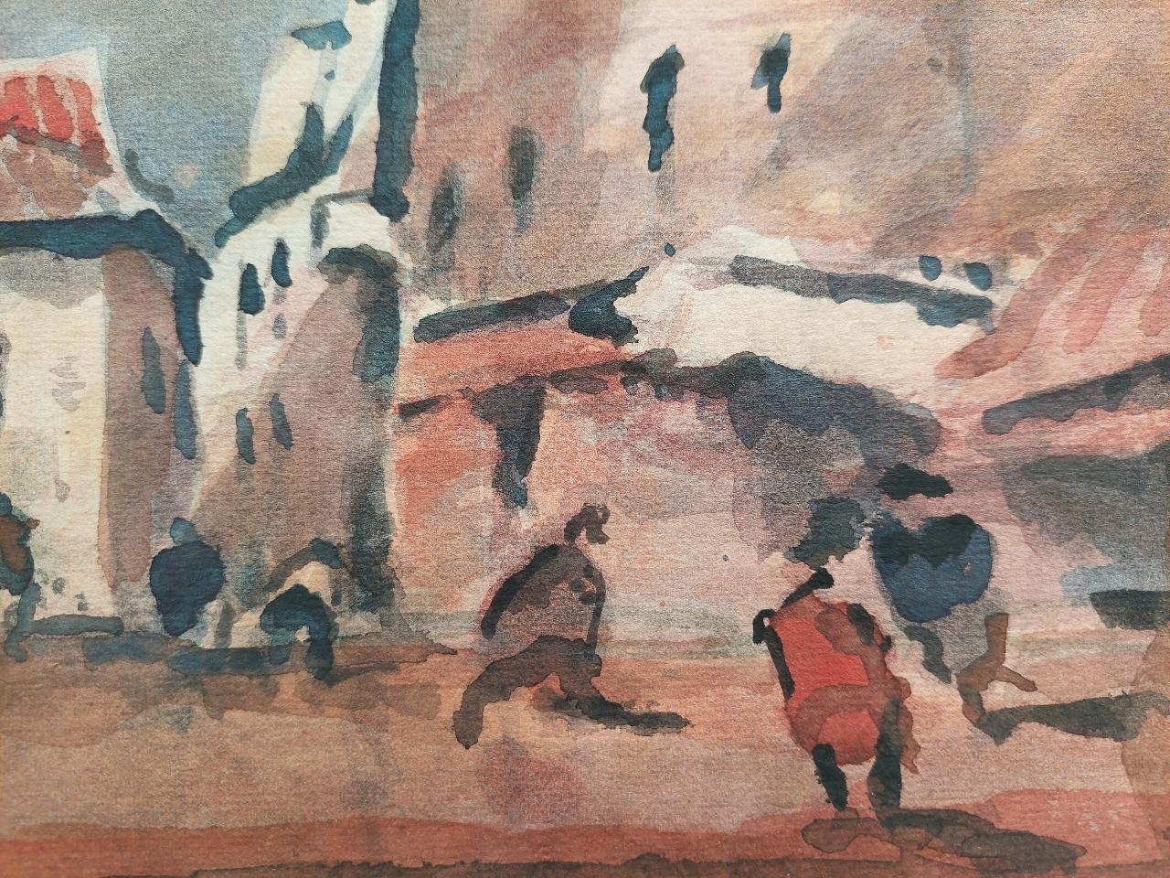 20th Century French Modernist Cubist Painting Figures in a Country Village Street For Sale