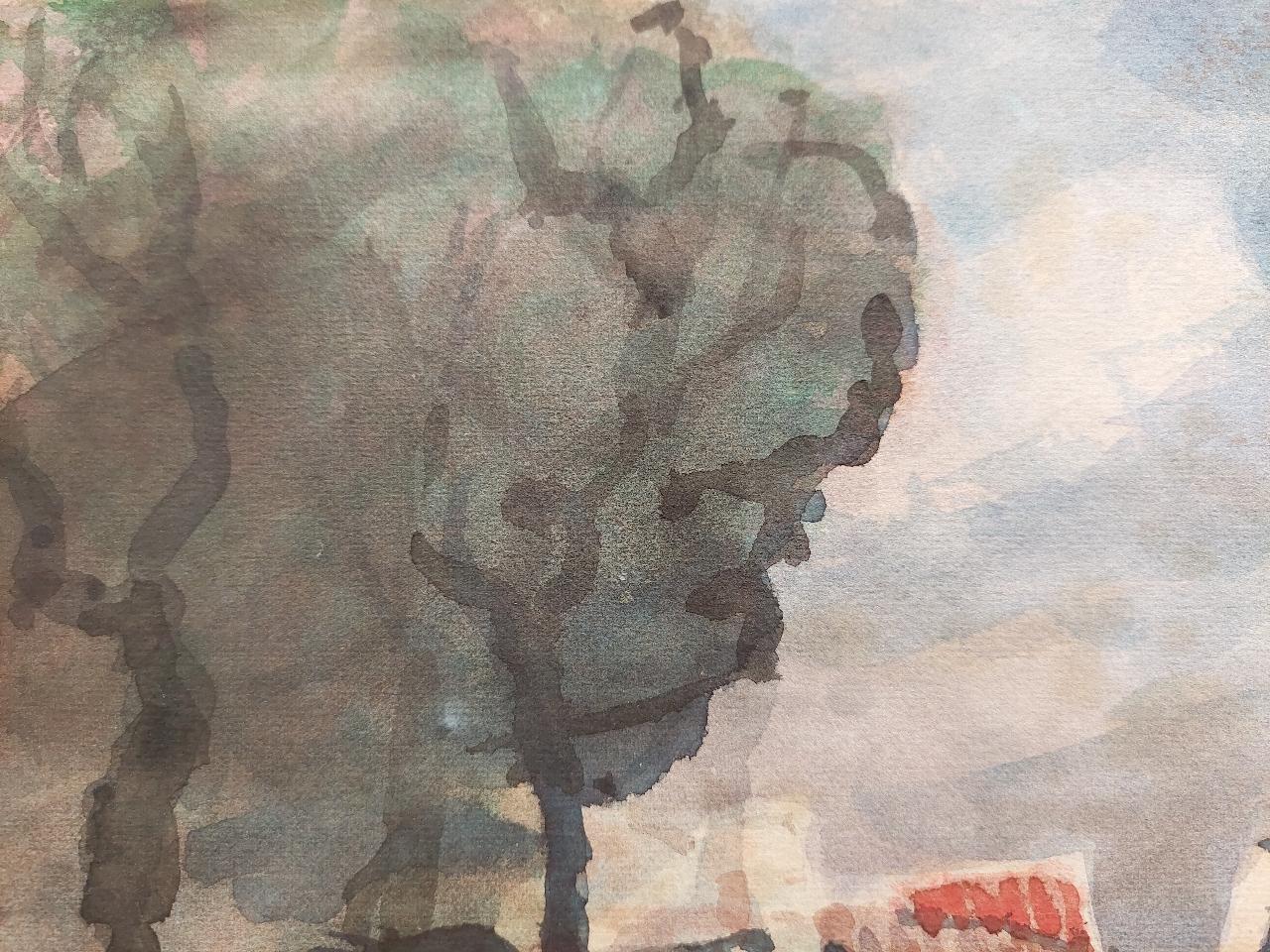 Pintura cubista modernista francesa Figuras en la calle de un pueblo rural en venta 1