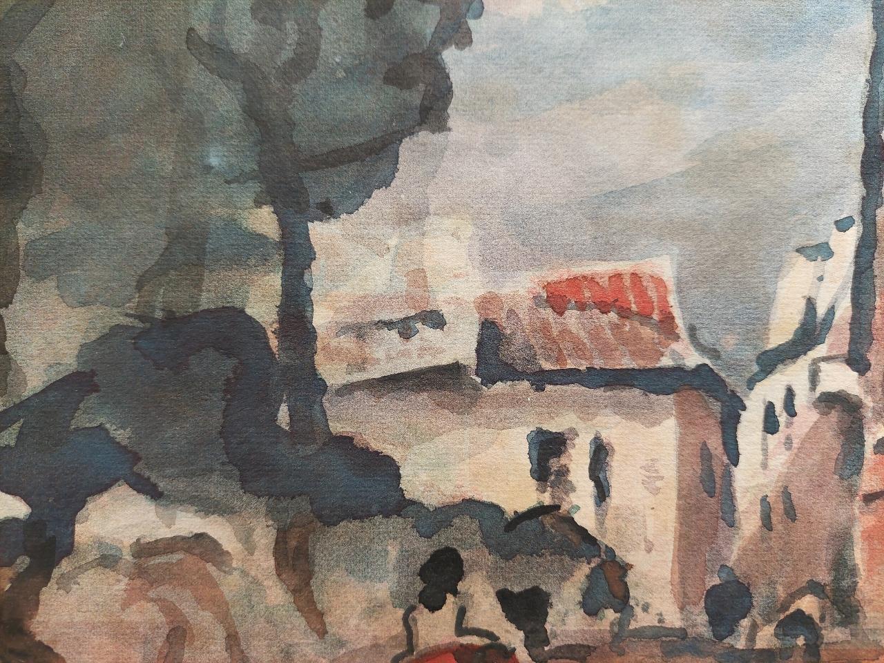 French Modernist Cubist Painting Figures in a Country Village Street For Sale 3