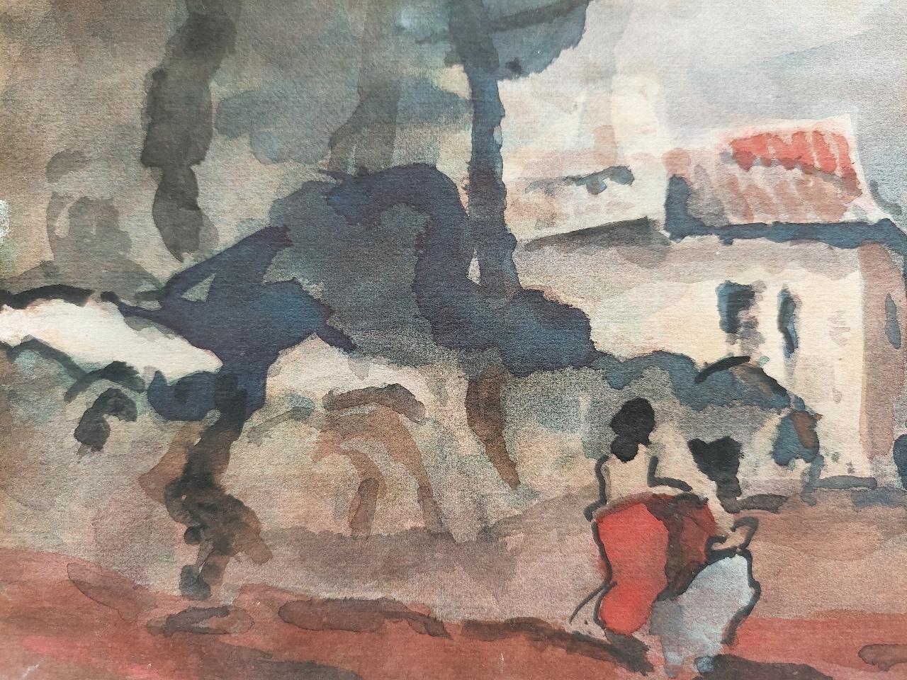 Pintura cubista modernista francesa Figuras en la calle de un pueblo rural en venta 3