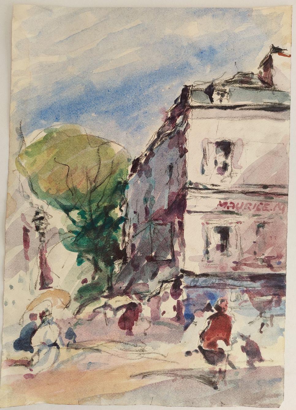 Figures in a Parisian street.
By Maurice Mazeilie (French, 1924-2021).
Watercolor painting on artist paper, unframed.
Signed to the centre right on the building.
Stamped verso.

Measures: painting: 17.75 inches x 12.5 inches.

A delightful