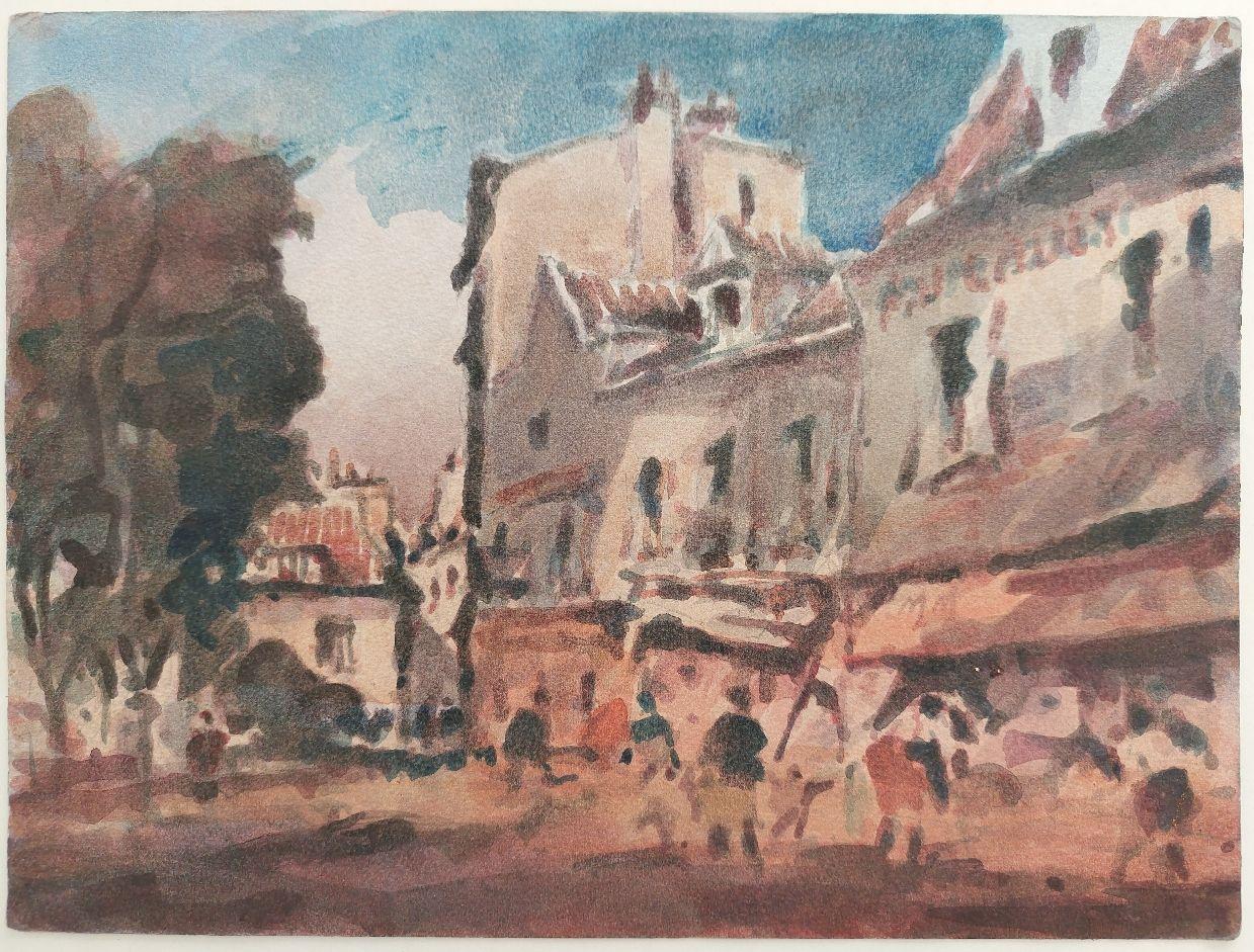 Figures in a small town.
by Maurice Mazeilie (French, 1924-2021).
Watercolor painting on artist paper, unframed.
Unsigned.
Stamped verso.

Painting: 12.5 inches x 9.3 inches.

A delightful original painting by the 20th century French
